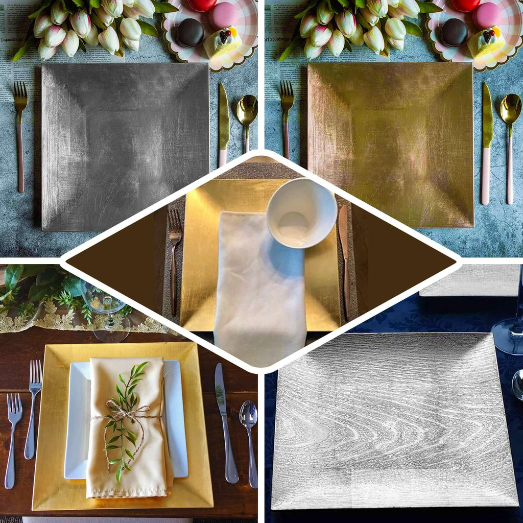 6-Pack Acrylic Square Charger Plates 12" in Gold with Embossed Wood Grain, Boho Chic Dinner Party Decor Charger Tableware