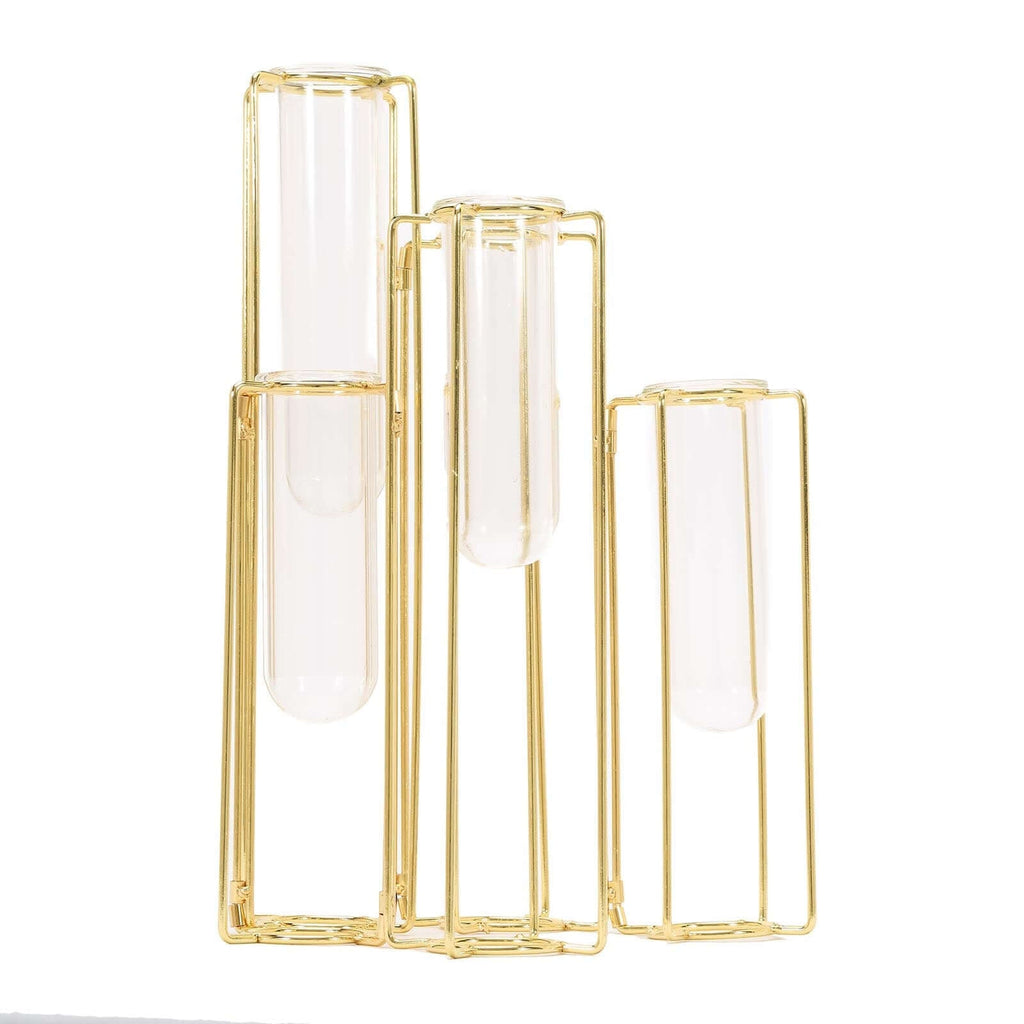 Set of 5 Wedding Centerpieces Gold Frame Conjoined Geometric Design - Test Tube Hydroponic Vases 12"