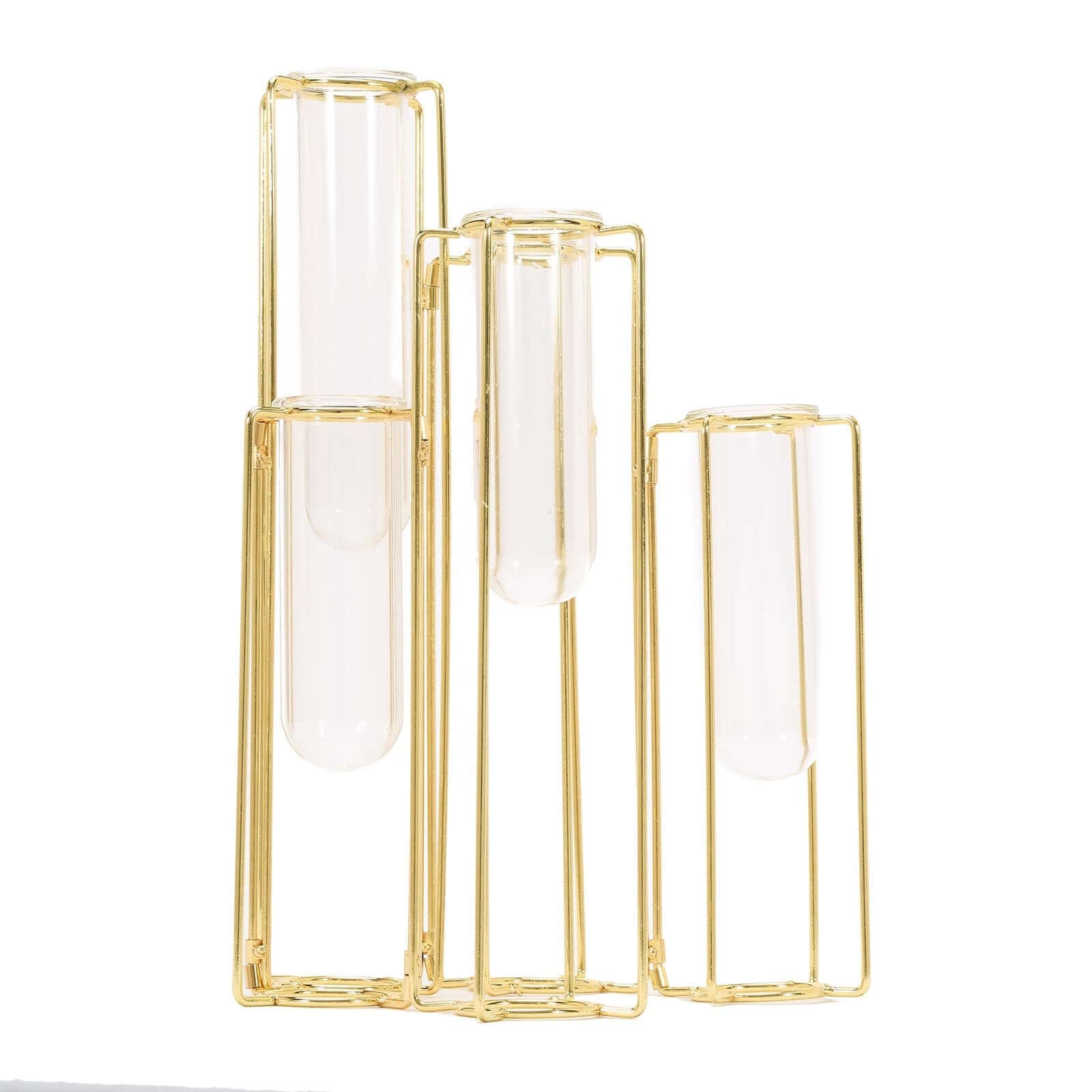 Set of 5 Wedding Centerpieces Gold Frame Conjoined Geometric Design - Test Tube Hydroponic Vases 12"