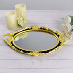 Resin Mirrored Vanity Oval Serving Tray 14"x10" in Black with Metallic Gold Baroque Design, Stylish Decorative Vanity Tray Centerpiece