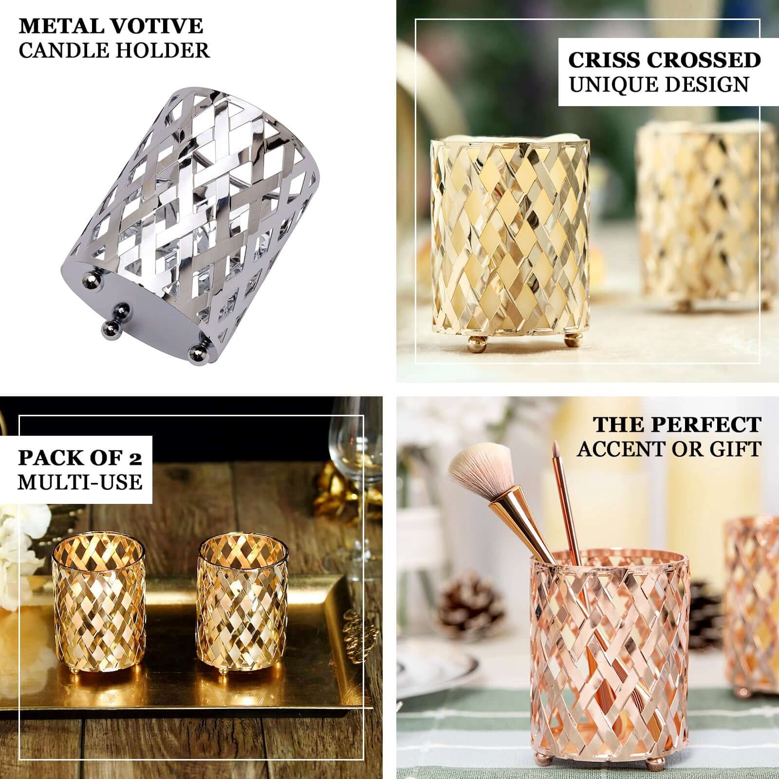 2-Pack Votive Candle Holders Gold Metal Diamond Cut Geometric Design - Perfect for Home DÃ©cor and Events 4"