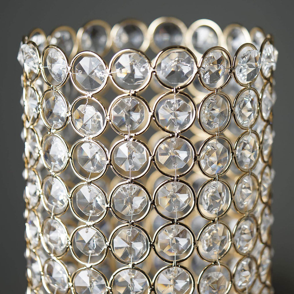 Full Crystal Beaded Candle Holder Shiny Gold Metal - Stylish Pillar Stand for Weddings 16"
