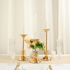 Set of 3 Taper Candlestick Holders Gold Metal with 3 Disk Pedestal Design - Decorative Centerpieces 9", 11", 13"