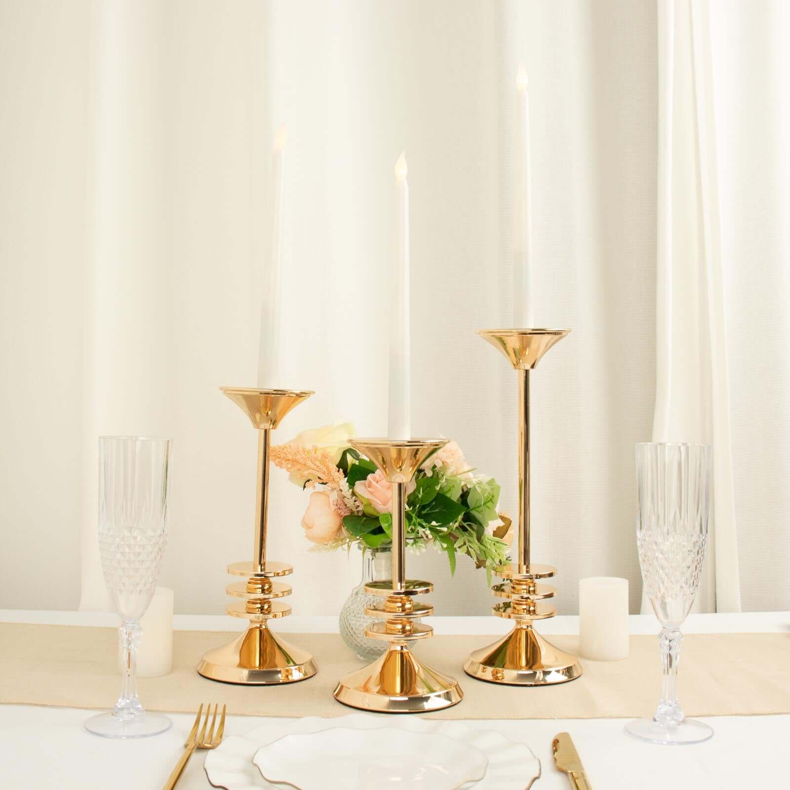 Set of 3 Taper Candlestick Holders Gold Metal with 3 Disk Pedestal Design - Decorative Centerpieces 9", 11", 13"