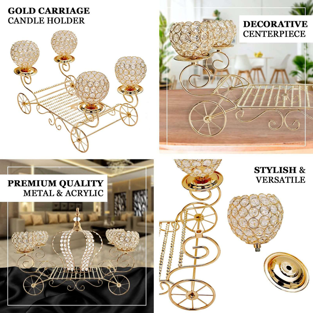 Candle Holder 4-Arm Gold Metal Crystal Cinderella Carriage Wedding Centerpiece - Decorative Display 18"