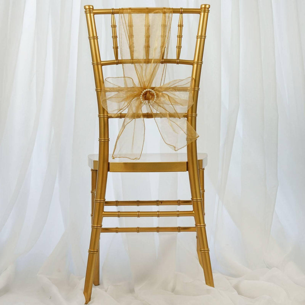 5 Pack Organza Chair Sashes Gold - Timeless Reusable Sheer Chair Bows for Chic Events 6"x108"