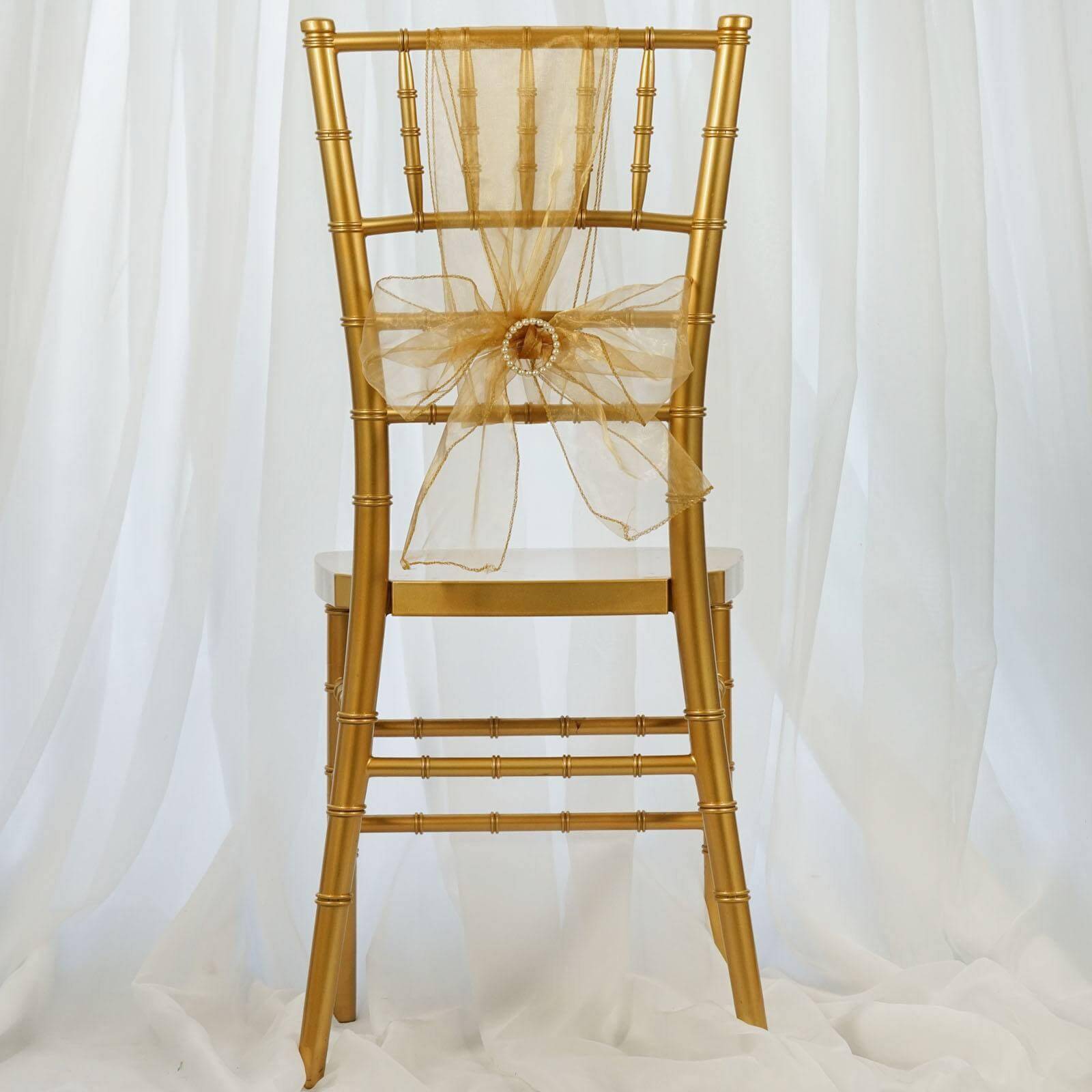 5 Pack Organza Chair Sashes Gold - Timeless Reusable Sheer Chair Bows for Chic Events 6"x108"