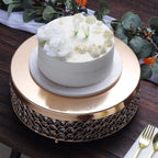 Metal Cake Stand Pedestal Crystal Beaded Design Gold - Cupcake Display and Dessert Riser 14"
