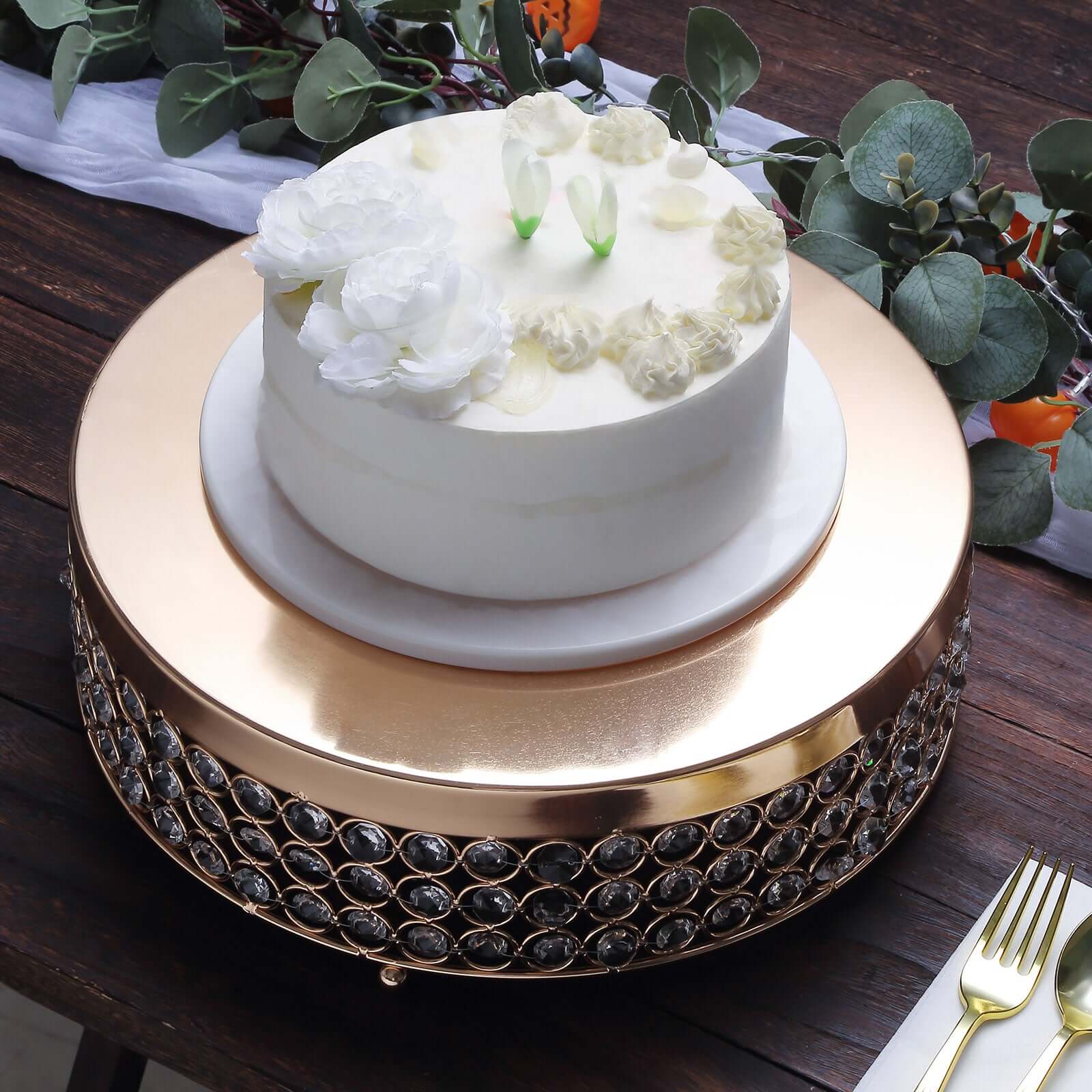 Metal Cake Stand Pedestal Crystal Beaded Design Gold - Cupcake Display and Dessert Riser 14"