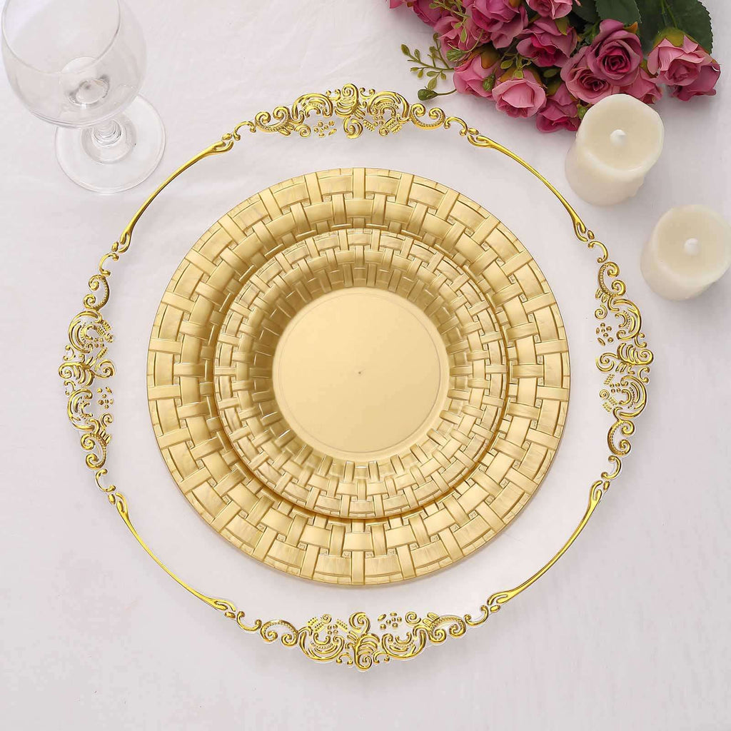 10-Pack Plastic Dinner Plates Gold Basketweave Rim - Durable Disposable Dinner Plates 10"