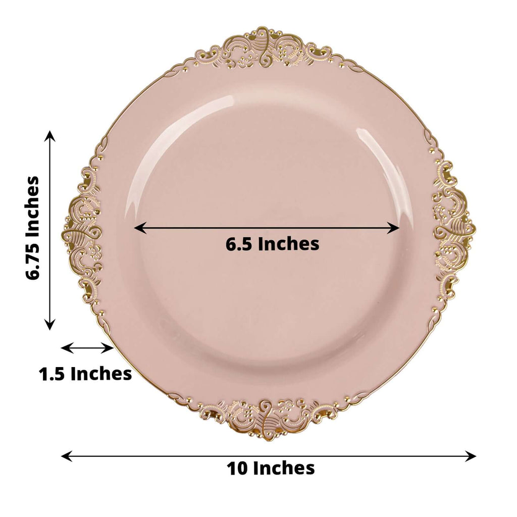10-Pack Plastic 10" Round Dinner Plates in Blush with Gold Leaf Embossed Rim - Disposable Vintage Baroque Style Plates