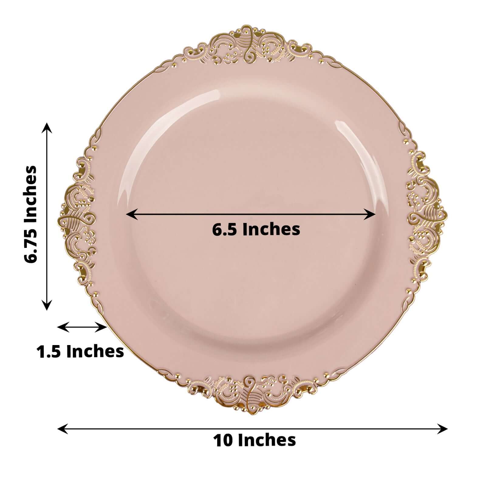 10-Pack Plastic 10" Round Dinner Plates in Blush with Gold Leaf Embossed Rim - Disposable Vintage Baroque Style Plates