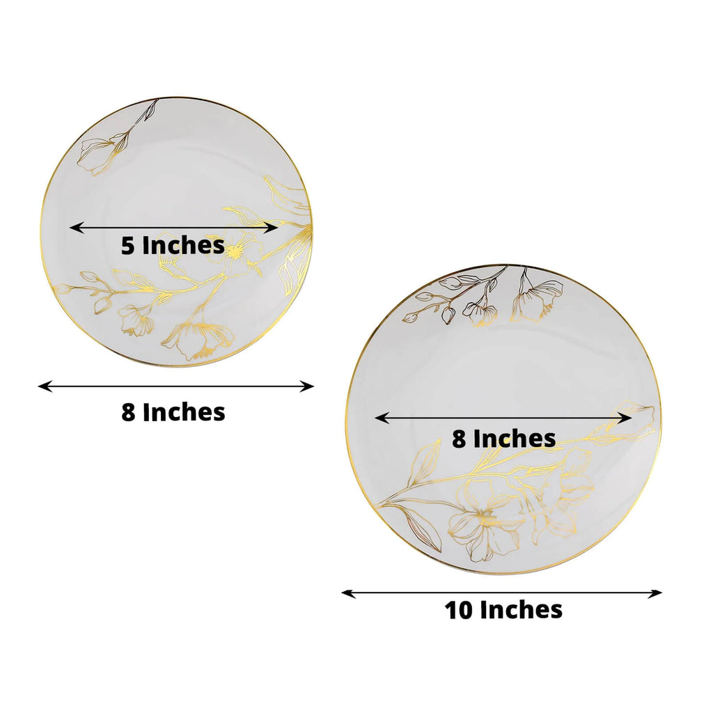 Set of 20 Plastic Round Dinner and Dessert Plates in White with Metallic Gold Floral Design - Stylish Disposable Dinnerware for Banquets & Special Occasions 8", 10"