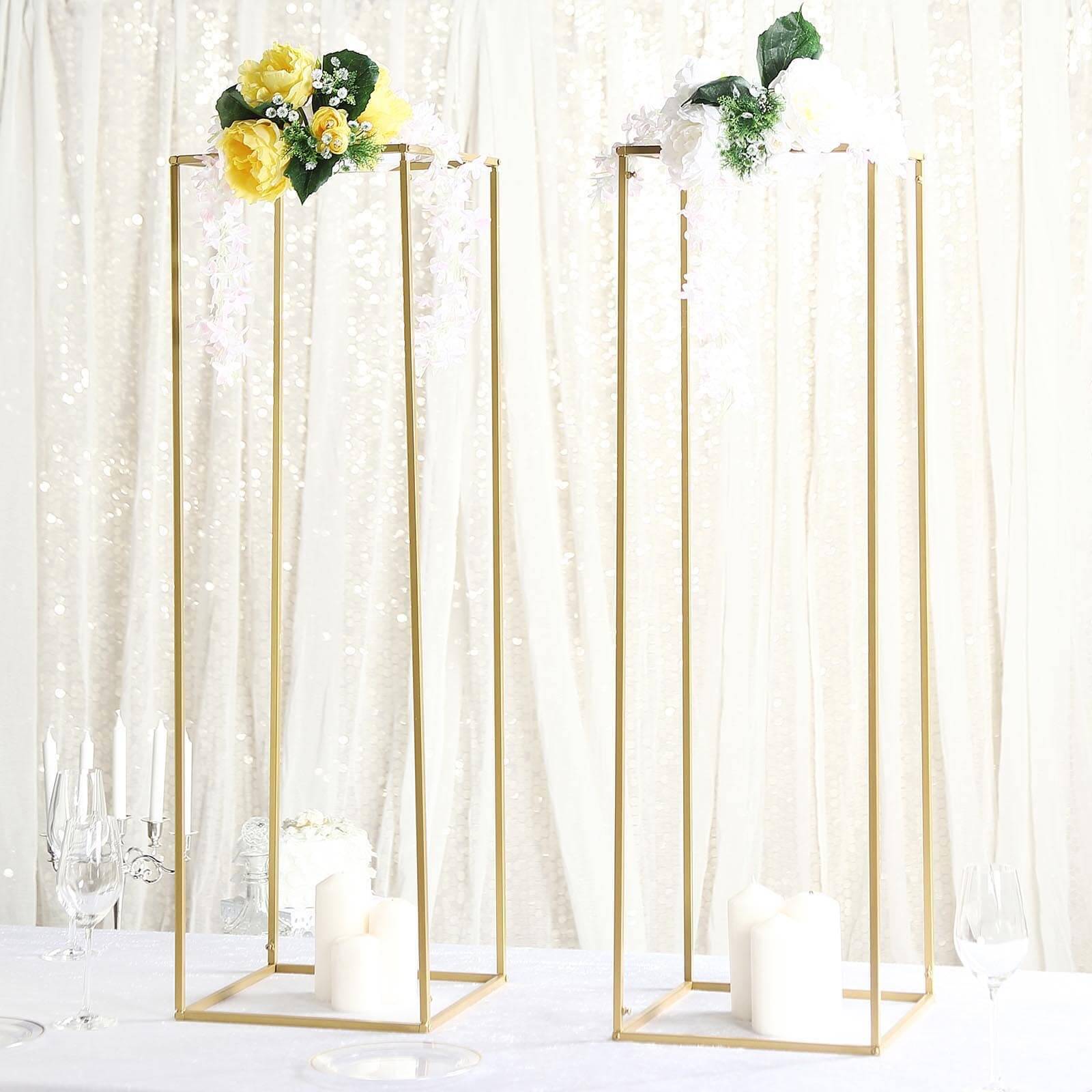 2-Pack Wedding Flower Stand Gold Metal Geometric Column Frame Rectangular - Versatile Floral Pedestal for Sophisticated Arrangements 40"