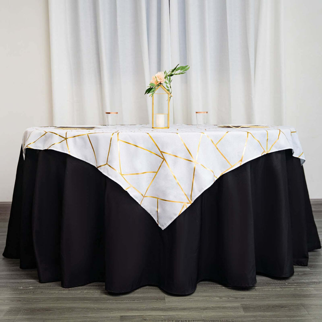 Polyester 54"x54" Square Tablecloth White with Gold Foil Geometric Pattern - Wrinkle-Resistant & Durable for Stylish Settings