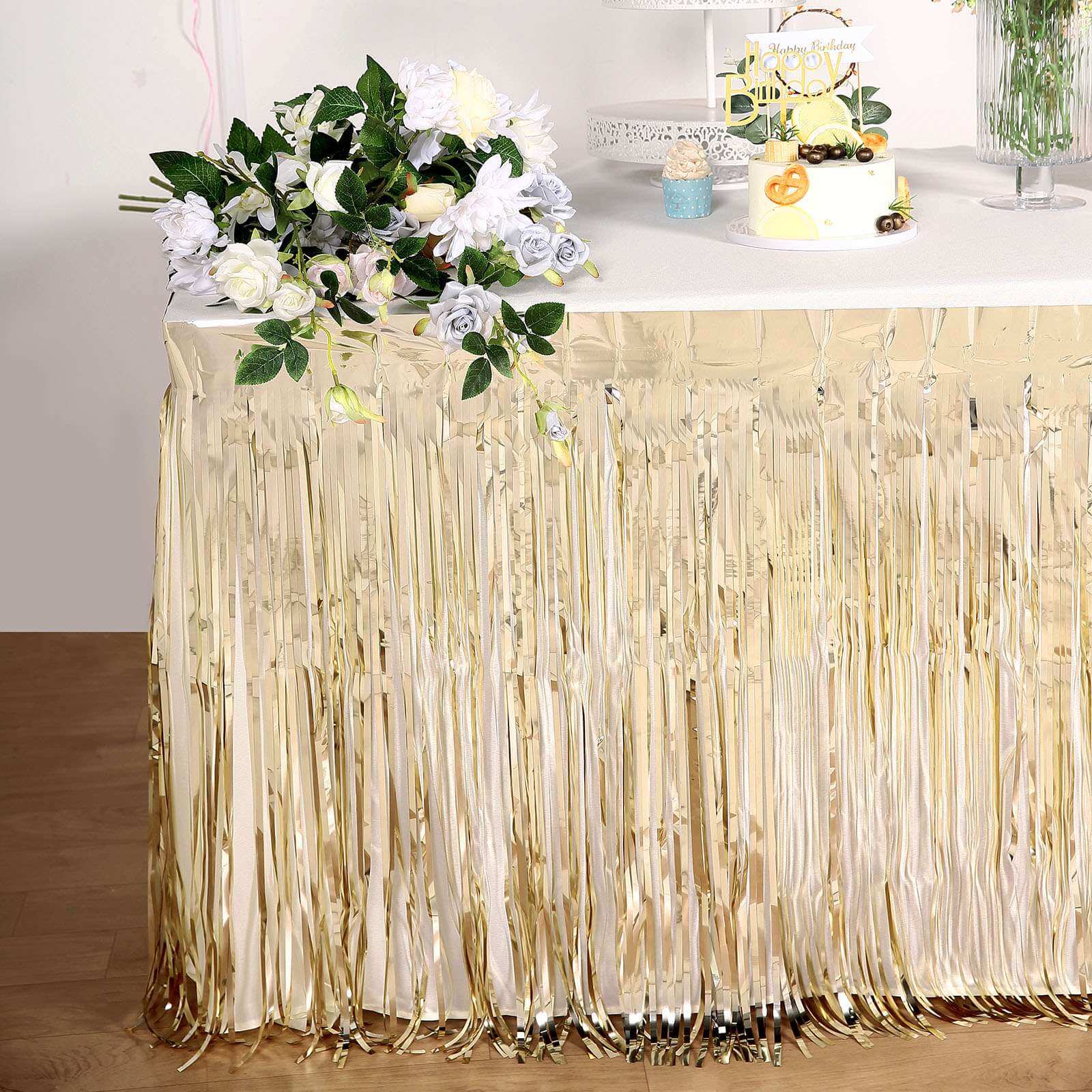 Metallic Foil Fringe Table Skirt Champagne with Self Adhesive Backing - Durable Tinsel Skirt for Parties 30"x9ft