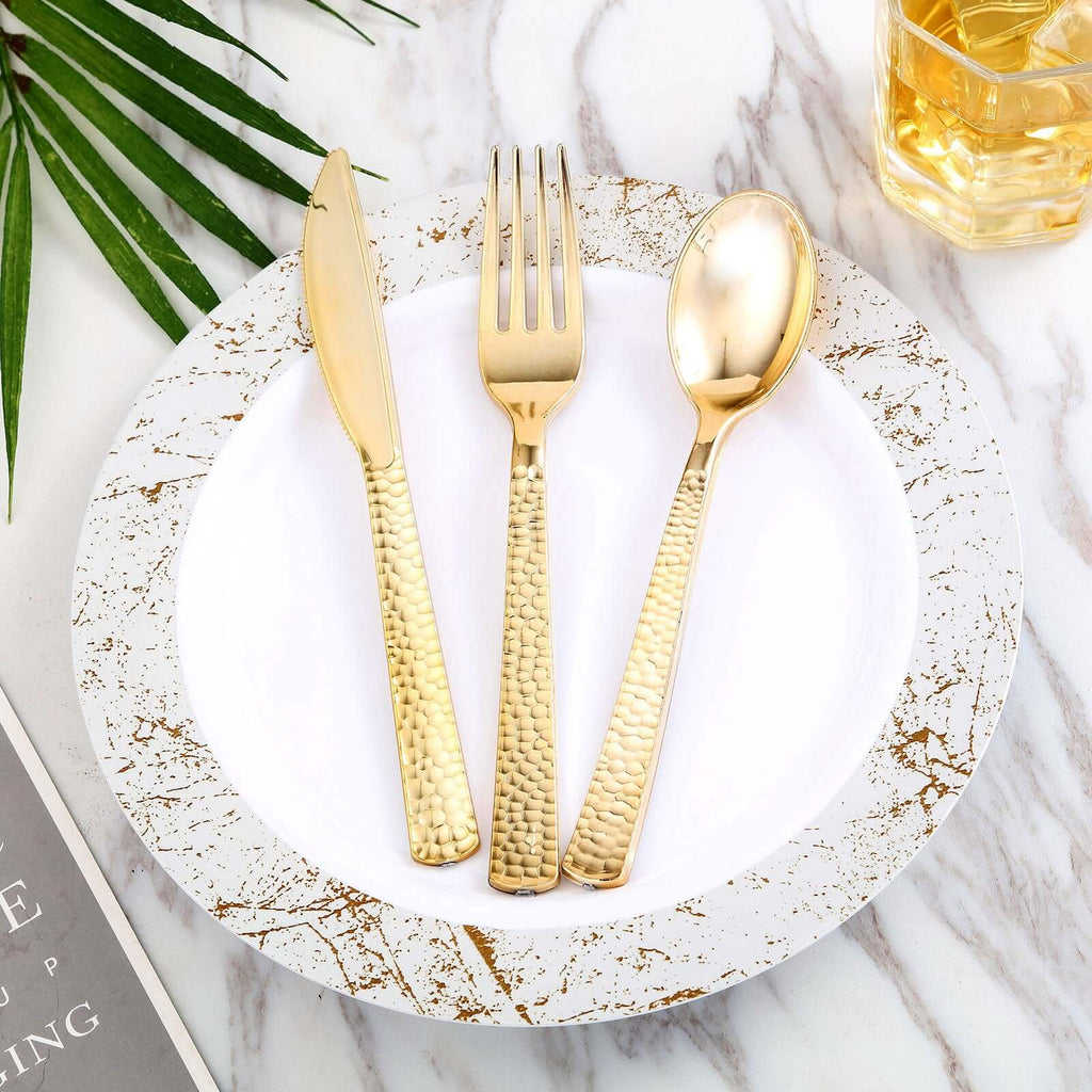 24-Pack Plastic Forks with Hammered Style Gold - Heavy Duty Disposable Silverware 7"