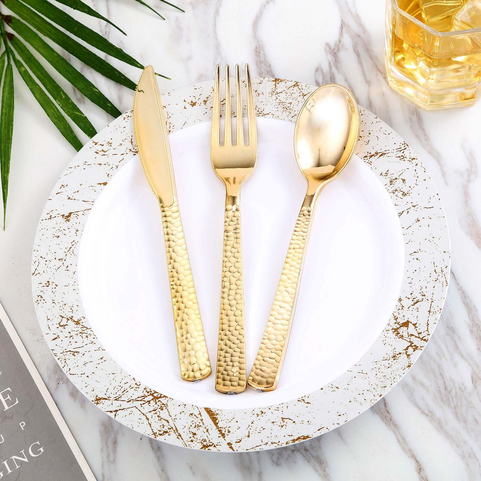 24-Pack Plastic Forks with Hammered Style Gold - Heavy Duty Disposable Silverware 7"