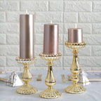 Set of 3 Candle Holder Stands Gold Mercury Glass Pillar Design - Stylish Votive Centerpieces for Tables & Decor 7", 8", 10"