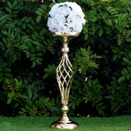 2-Pack Metal Pillar Candle Holders Reversible Flower Ball Pedestal Design Gold - Decorative Event Centerpieces 26"