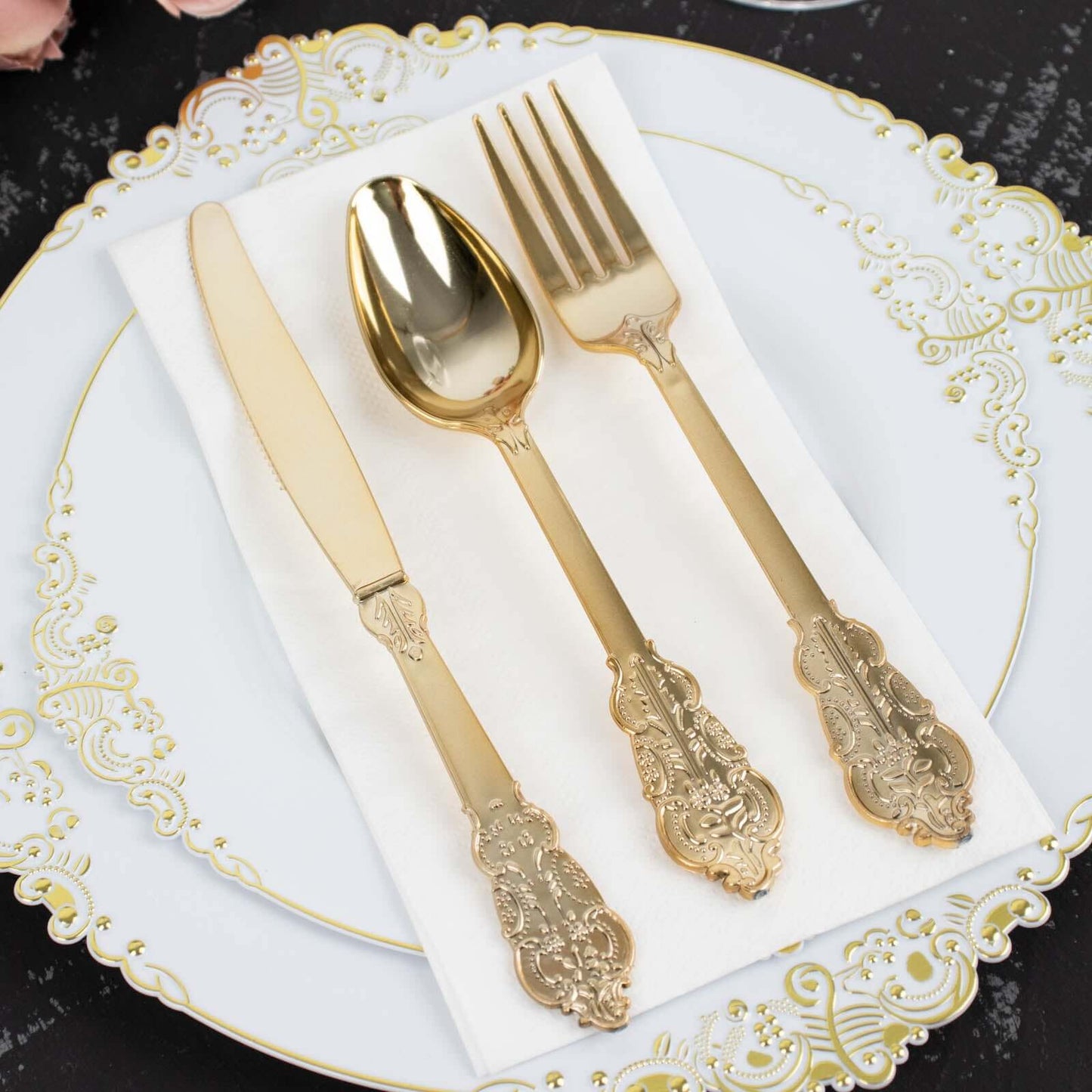 24 Pcs Plastic Silverware Set in Baroque Style Metallic Gold - Heavy Duty Disposable Knife, Fork, and Spoon Set