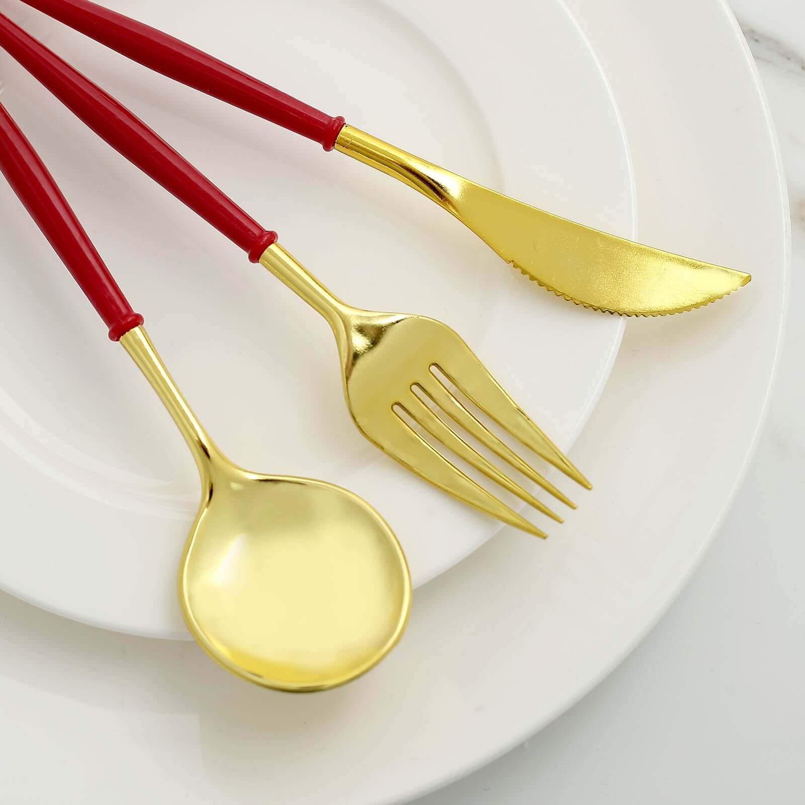 24-Pack Plastic Flatware Set in Metallic Gold with Red Handle - Heavy Duty Disposable Modern Silverware 8"