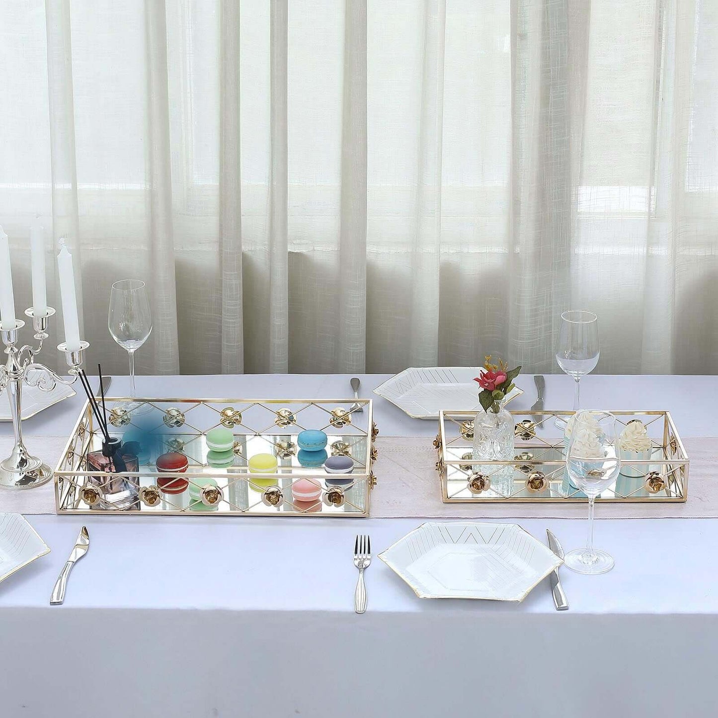 Set of 2 Metal Mirrored Rectangle Serving Trays in Gold with Rose Borders, Glamorous Decorative Vanity Tray Centerpiece 15"x8", 19"x12"