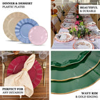 10-Pack Plastic 11" Round Dinner Plates in Clear Ruffled Rim with Gold Edging - Sturdy Disposable Dinnerware