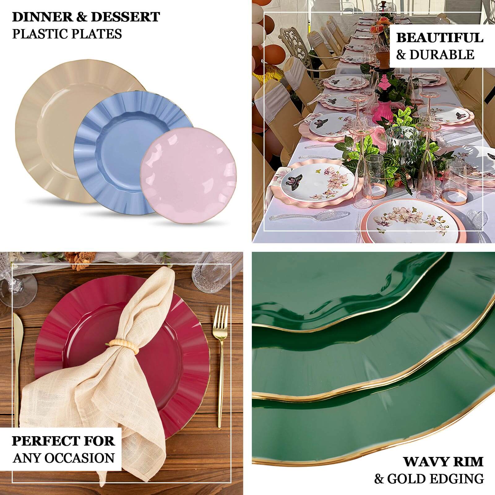 10-Pack Plastic 11" Round Dinner Plates in Clear Ruffled Rim with Gold Edging - Sturdy Disposable Dinnerware
