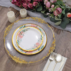 25-Pack Paper 7" Round Dessert Plates in White with Peony Floral Design & Gold Rim - Disposable Floral Salad Appetizer Plates for Brunches & Afternoon Teas