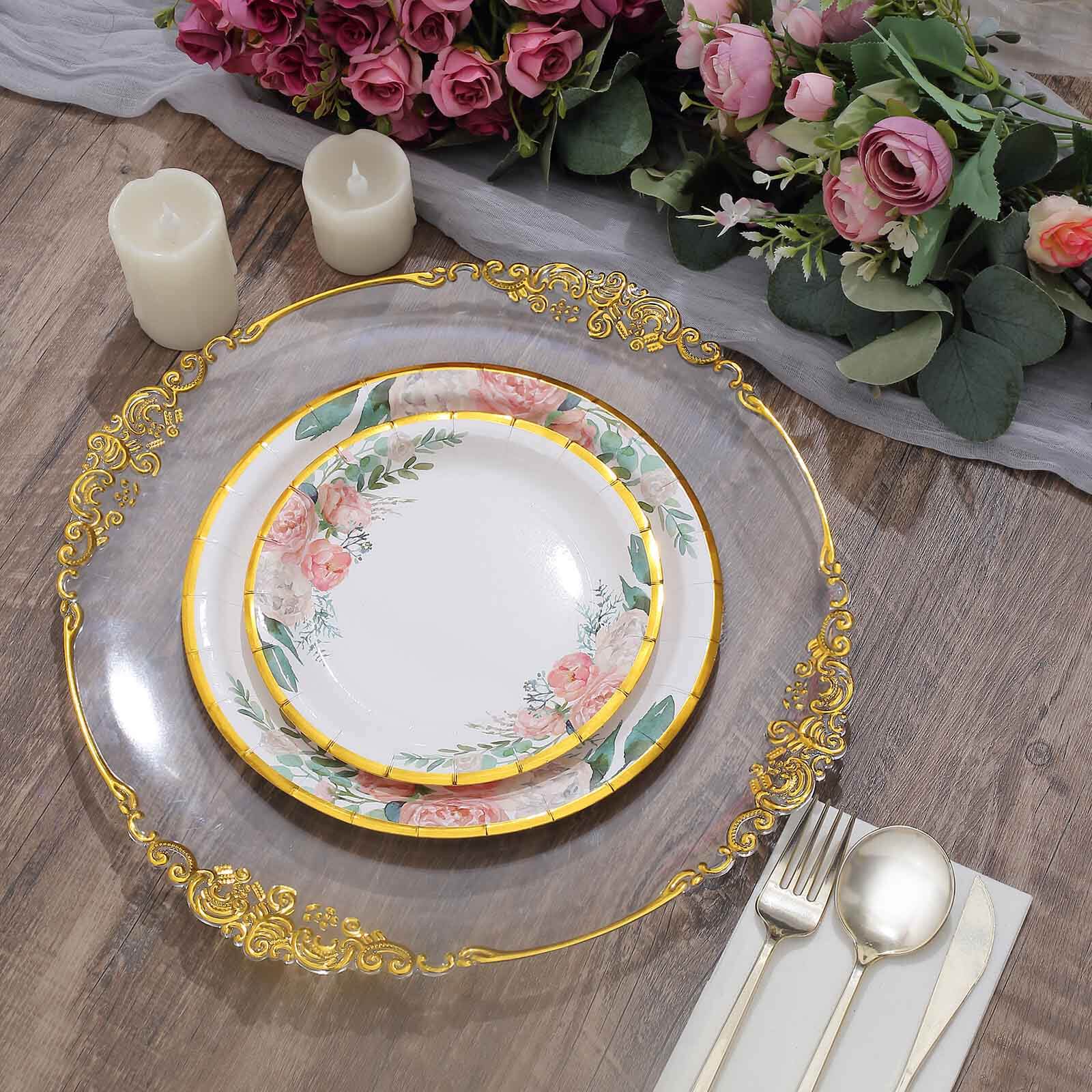 25-Pack Paper 7" Round Dessert Plates in White with Peony Floral Design & Gold Rim - Disposable Floral Salad Appetizer Plates for Brunches & Afternoon Teas