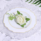 10-Pack Plastic Dessert Appetizer Plates in White Baroque Design with Scalloped Gold Rim - Heavy Duty Disposable Salad Plates for Formal Events & Banquets 8"