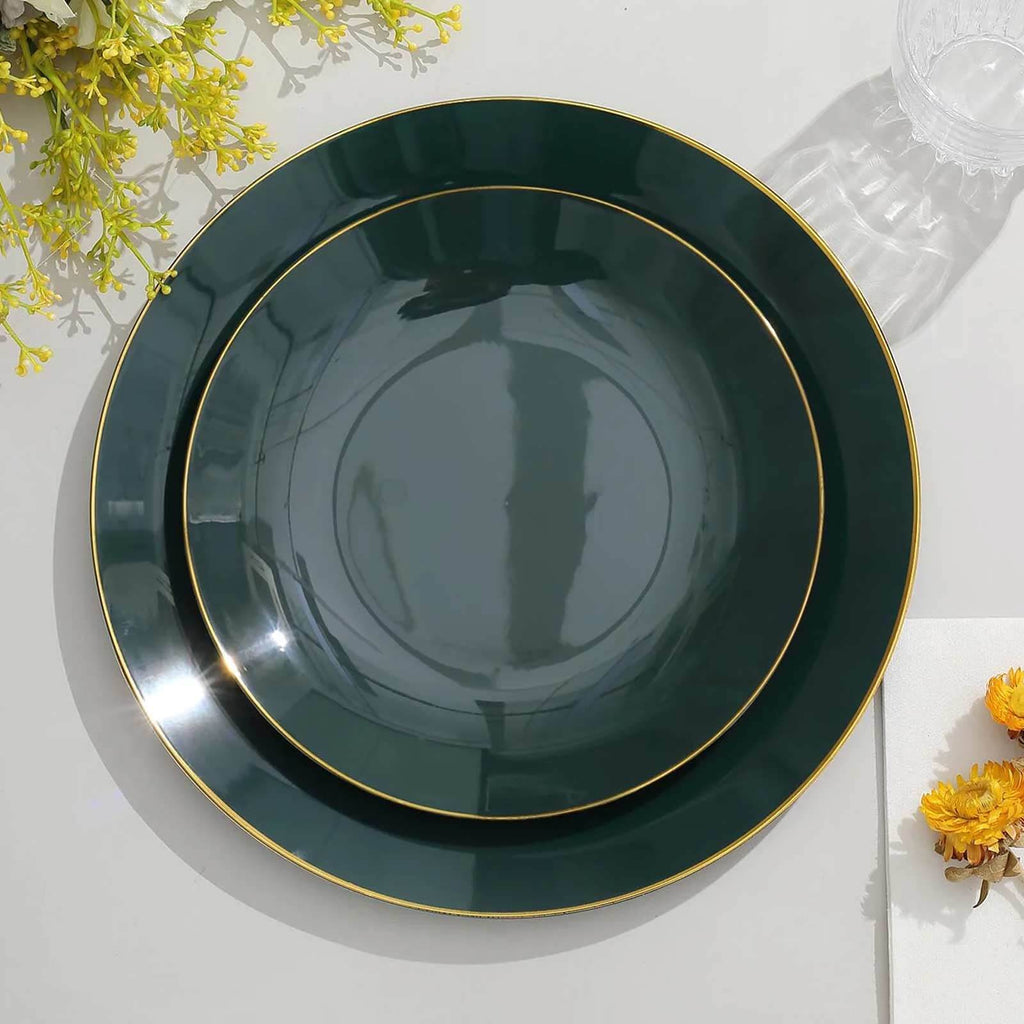 10-Pack Plastic 8" Round Dessert Plates in Hunter Emerald Green with Gold Rim - Glossy Disposable Appetizer Salad Plates