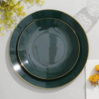 10-Pack Plastic 8" Round Dessert Plates in Hunter Emerald Green with Gold Rim - Glossy Disposable Appetizer Salad Plates