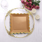 25-Pack Paper 9" Square Dinner Plates in Natural Brown with Gold Scalloped Rim - Disposable Party Plates for Rustic Gatherings & Chic Events