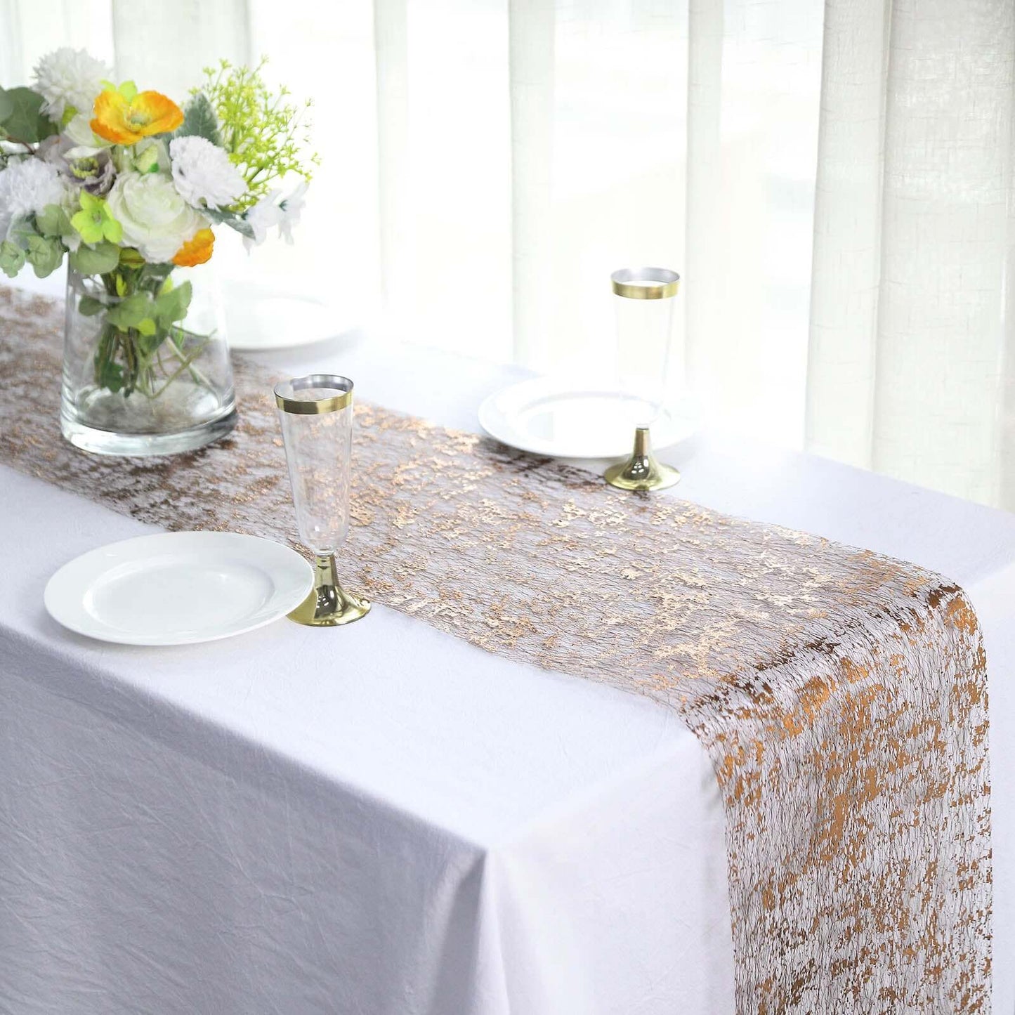 Mesh Polyester 108" Table Runner Roll Metallic Bronze - Distressed Foil Look Disposable Table Decor