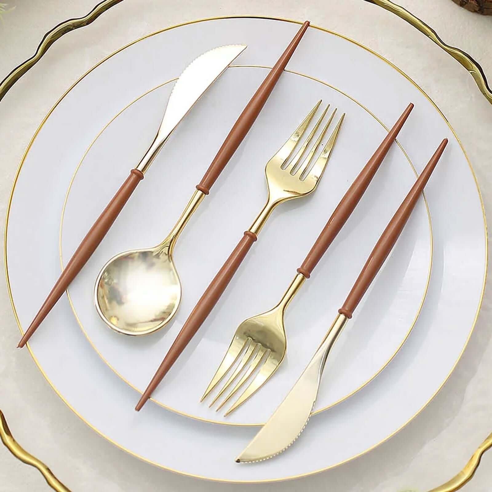 24-Pack Plastic Flatware Set in Metallic Gold with Brown Handle - Heavy Duty Disposable Modern Silverware 8"