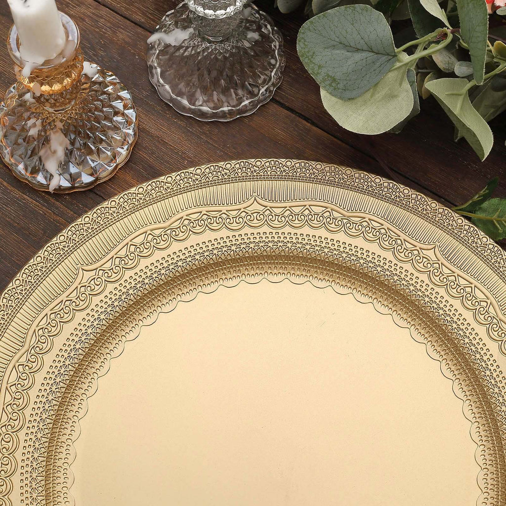 6-Pack Acrylic Round Charger Plates 13" in Gold with Lace Embossed Rim, Rustic Plastic Decorative Charger Tableware