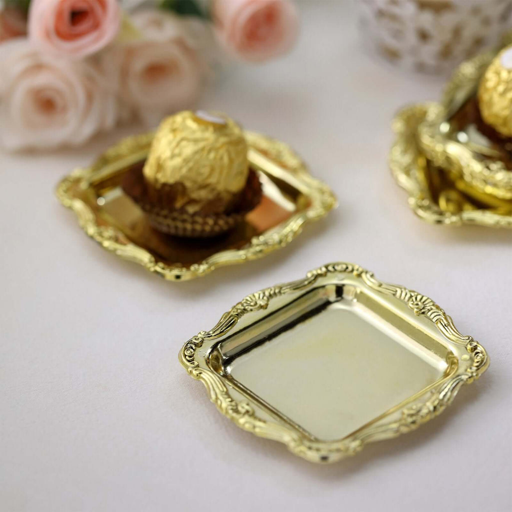 12 Pack 3" Gold Baroque Mini Square Sweet Treats Serving Platter, Party Favor Candy Display Tray