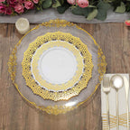 10-Pack Plastic 10" Round Dinner Plates in White with Gold Lace Rim - Disposable Party Plates for Classy Events & Banquets