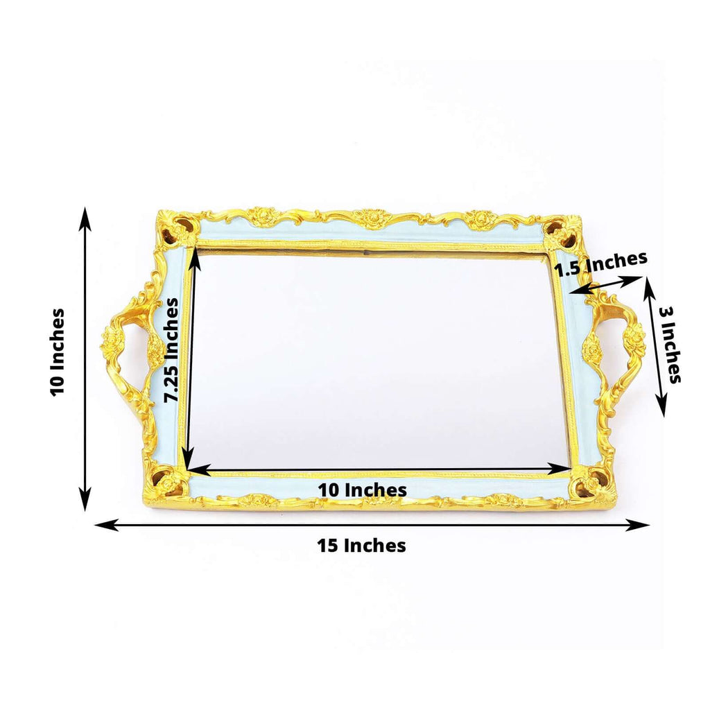 Resin Mirrored Rectangle Serving Tray 15"x10" in Mint Green with Gold Baroque Design, Stylish Decorative Vanity Tray Centerpiece