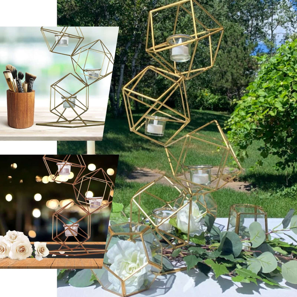 Tealight Candle Holder Metal Linked Geometric Design Gold with Votive Glass Holders - Sophisticated Decor for Tables & Gatherings 25"