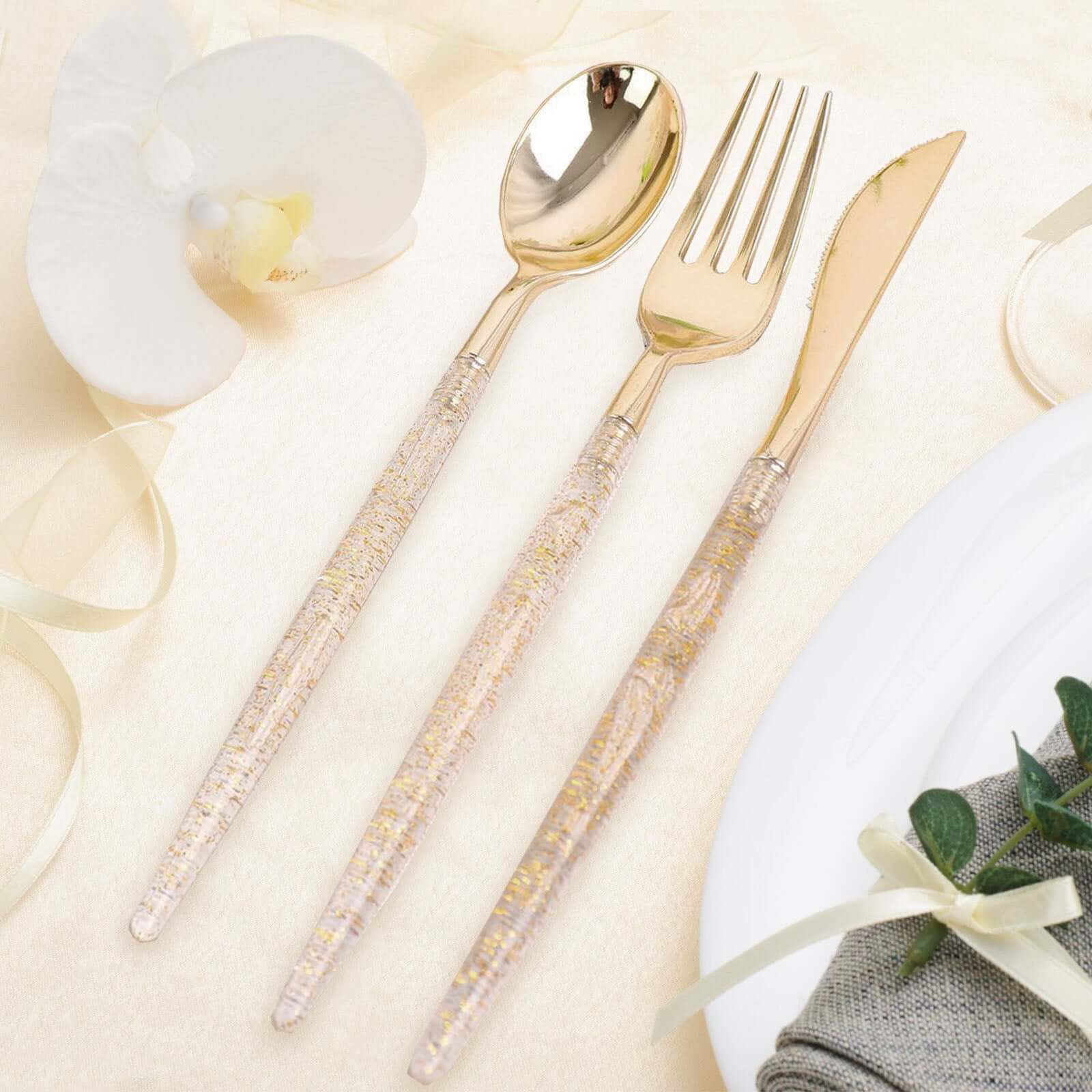24-Pack Plastic Cutlery Set Metallic Gold with Gold Glitter - Stylish Disposable Silverware Pack 8"