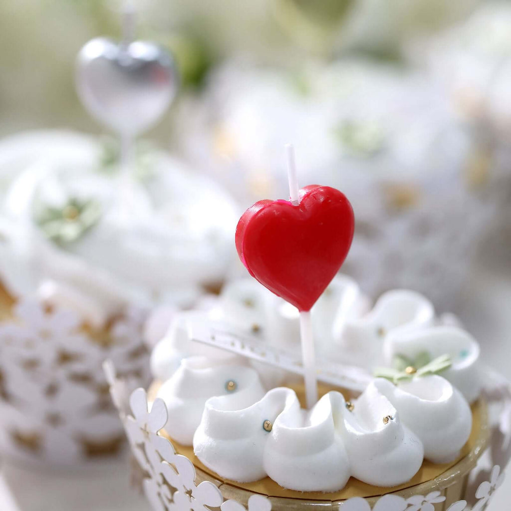 10-Pack Heart Shaped Cupcake Candles Love and Valentine Dessert Toppers - Red, Silver, and Gold
