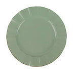 10-Pack Plastic 9" Round Dinner Plates in Dusty Sage Green Ruffled Rim with Gold Edging - Sturdy Disposable Dinnerware