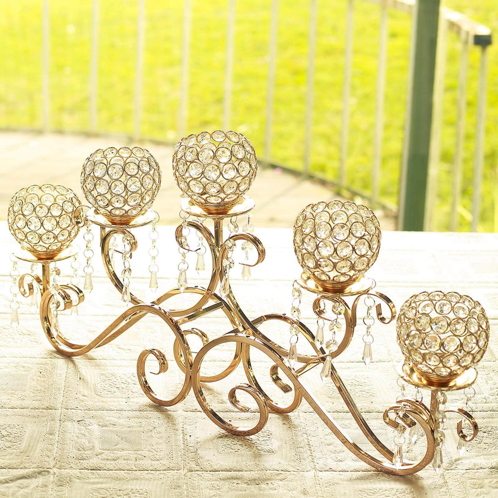 5-Arm Metal Candelabra Horizontal Design with Crystal Goblets Gold - Table Centerpiece for Events 27"