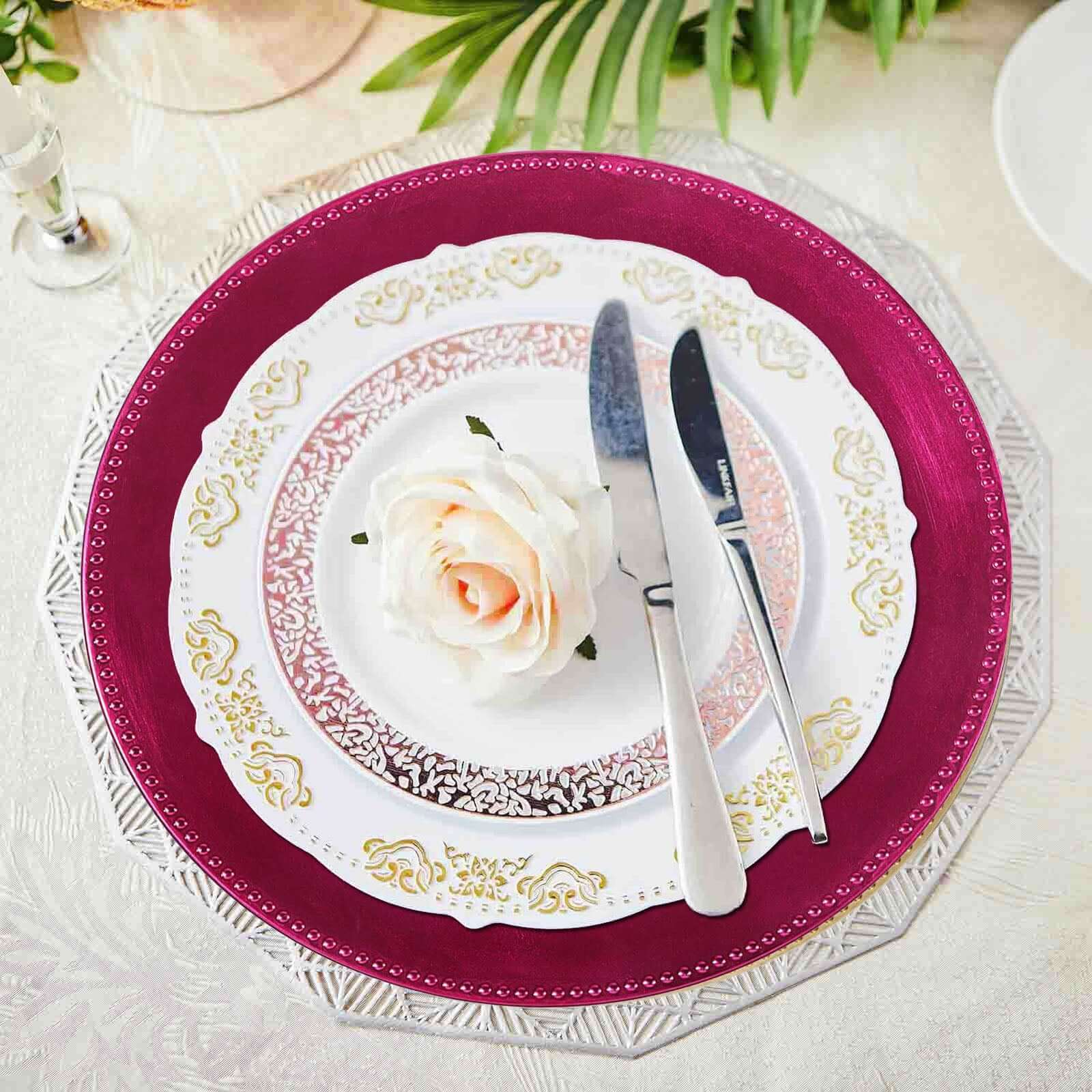 6-Pack Acrylic Round Charger Plates 13" in Hot Pink with Beaded Rim, Dinner Charger Event Tabletop Decor