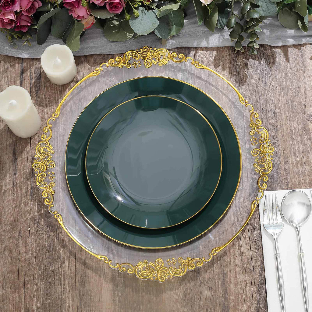 10-Pack Plastic 10" Round Dinner Plates in Hunter Emerald Green with Gold Rim - Glossy Disposable Party Plates