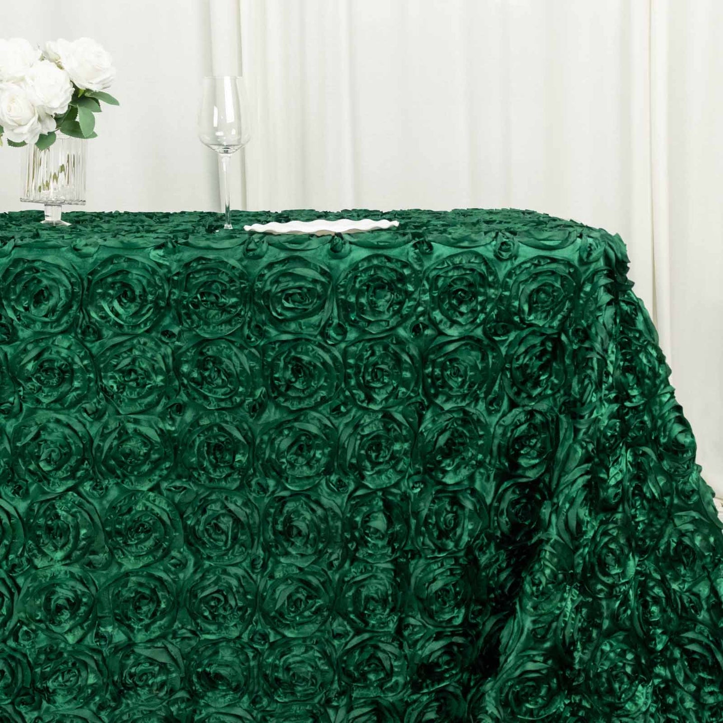 Satin 90"x132" Rectangle Tablecloth Hunter Emerald Green - Grandiose 3D Rosette Seamless Table Cover