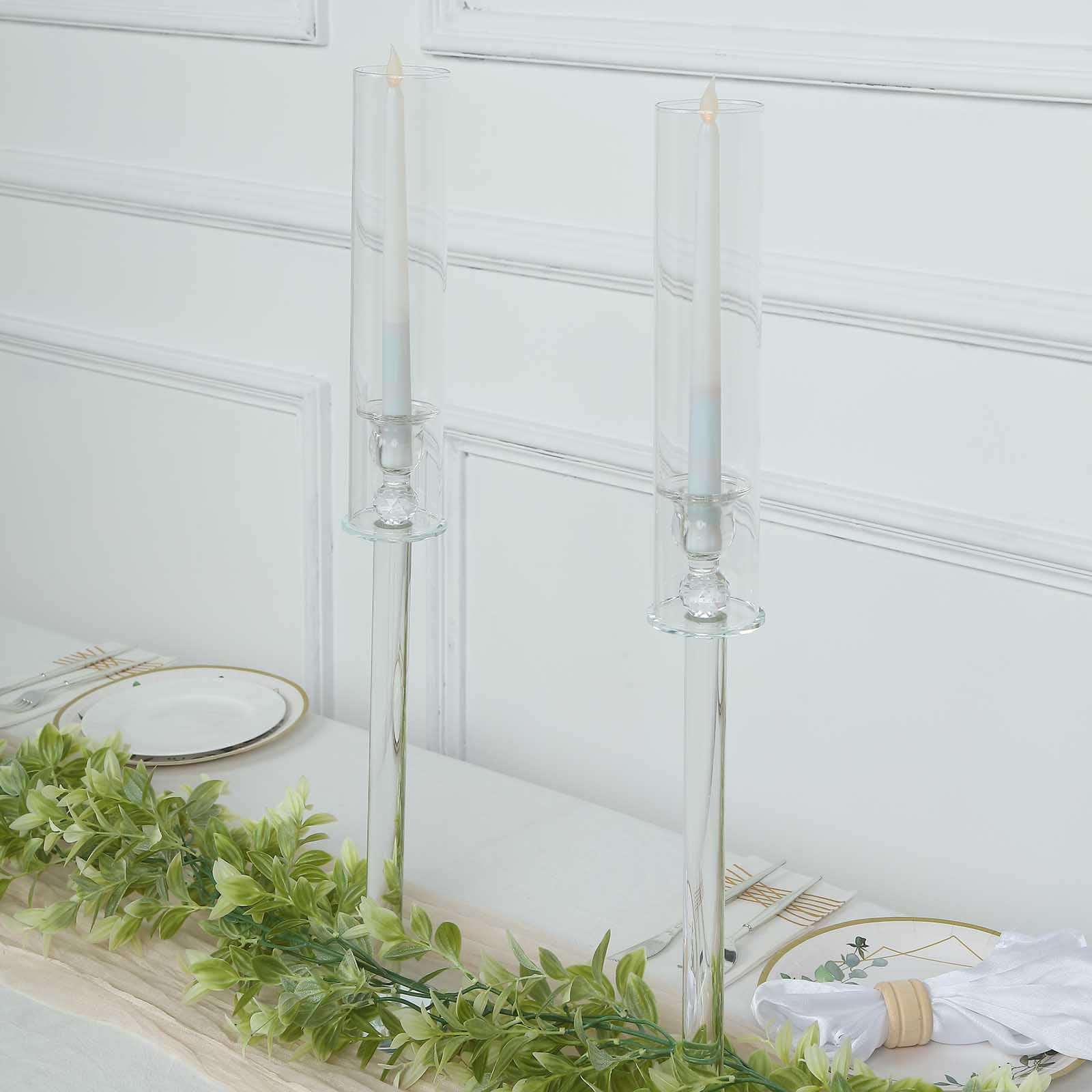 2-Pack Crystal Glass Hurricane Taper Candle Holders, Tall Decorative Candle Stands Clear Cylinder Chimney Tubes 26"